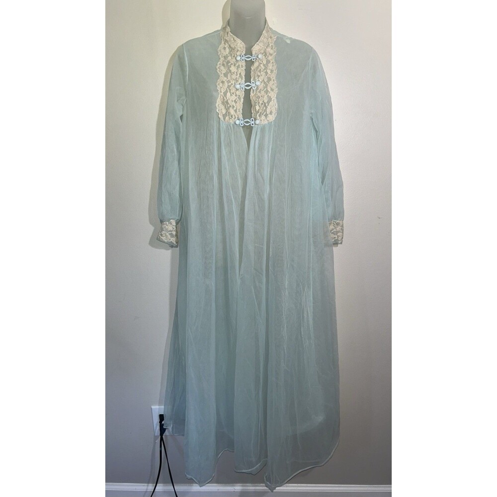 RARE Vintage Val Mode AQUA Blue Sheer Nylon Peignoir Robe Lace Boudoir Small